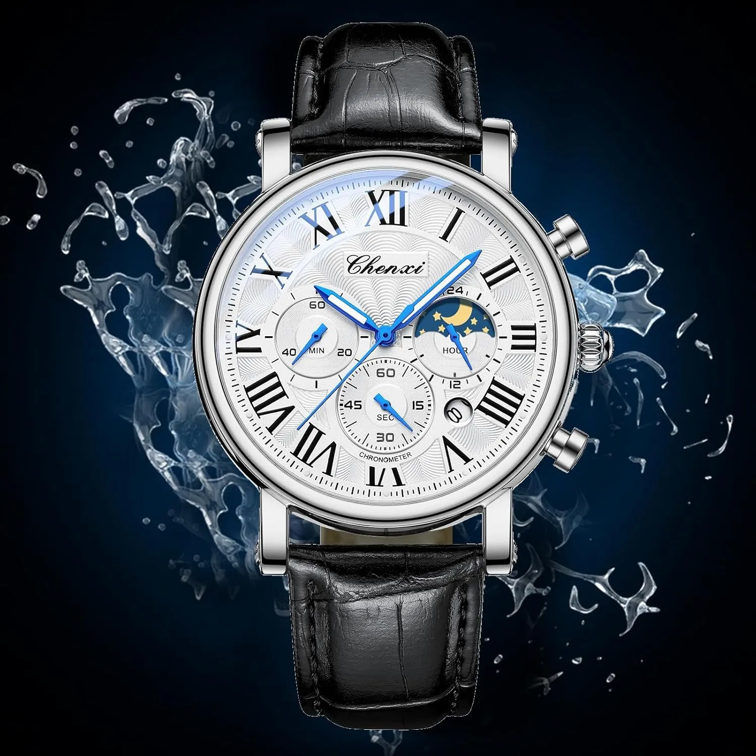 Phase Business Dress Roman Numerals Waterproof Date Luminous Chronograph Leather Strap Gosasa Classic pollute disparate Men's Quartz Watch Multifunctional Analog Watch Moon 