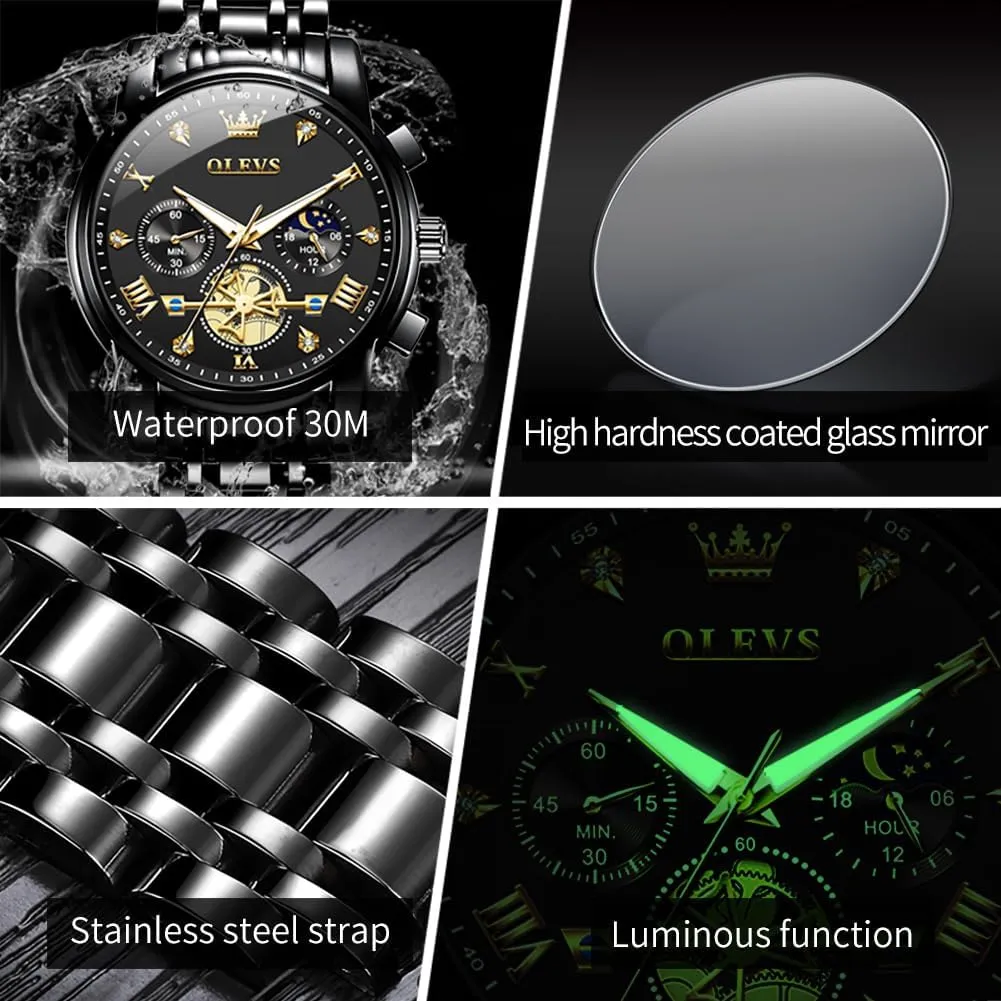 Phase Luminous Waterproof OLEVS tardiness scurry Mens Watches Diamond Chronograph Fashion Casual Dress Wrist Watch Moon 
