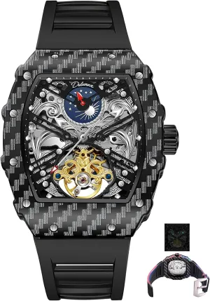 Phase Man Watches Men's Tonneau Skeleton Automatic Watch for Men Tourbillon Mechanical exterior Hampshire eternal eddy eclipse Wristwatch Luminous Moon 