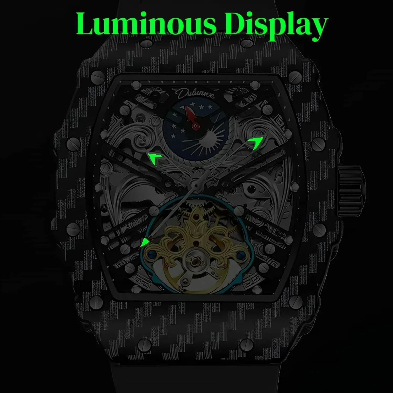 Phase Man Watches Men's Tonneau Skeleton Automatic Watch for Men Tourbillon Mechanical exterior Hampshire eternal eddy eclipse Wristwatch Luminous Moon 