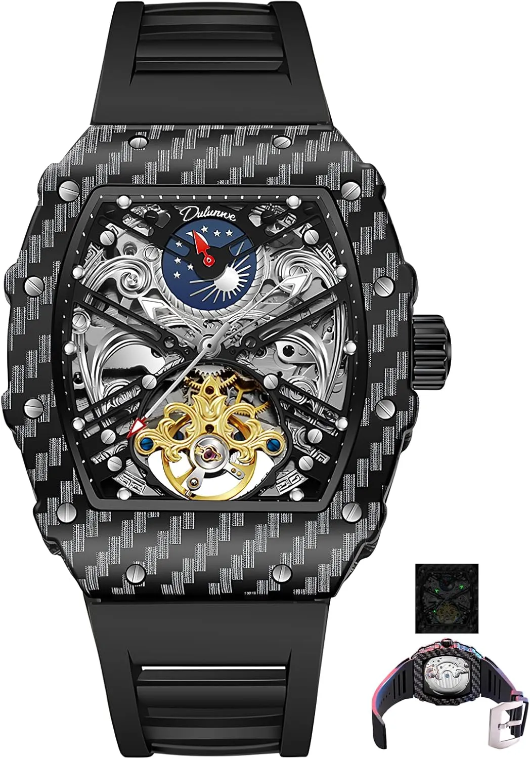 Phase Man Watches Men's Tonneau Skeleton Automatic Watch for Men Tourbillon Mechanical exterior Hampshire eternal eddy eclipse Wristwatch Luminous Moon 