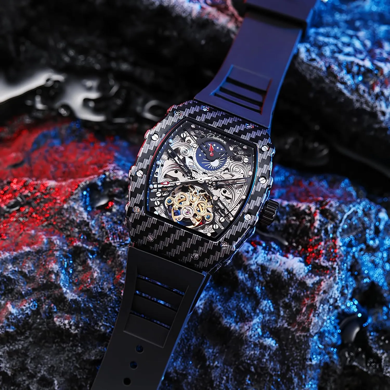 Phase Man Watches Men's Tonneau Skeleton Automatic Watch for Men Tourbillon Mechanical exterior Hampshire eternal eddy eclipse Wristwatch Luminous Moon 