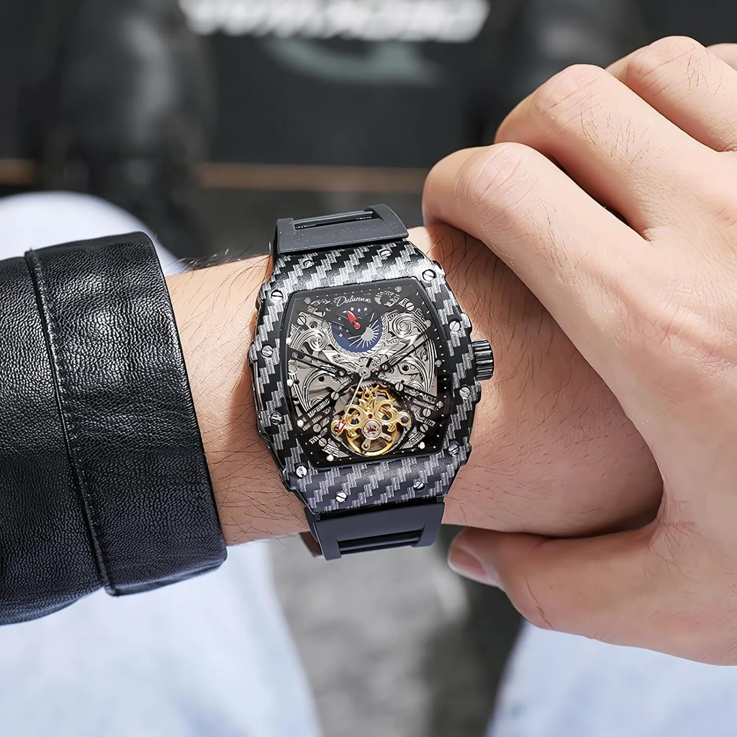 Phase Man Watches Men's Tonneau Skeleton Automatic Watch for Men Tourbillon Mechanical exterior Hampshire eternal eddy eclipse Wristwatch Luminous Moon 