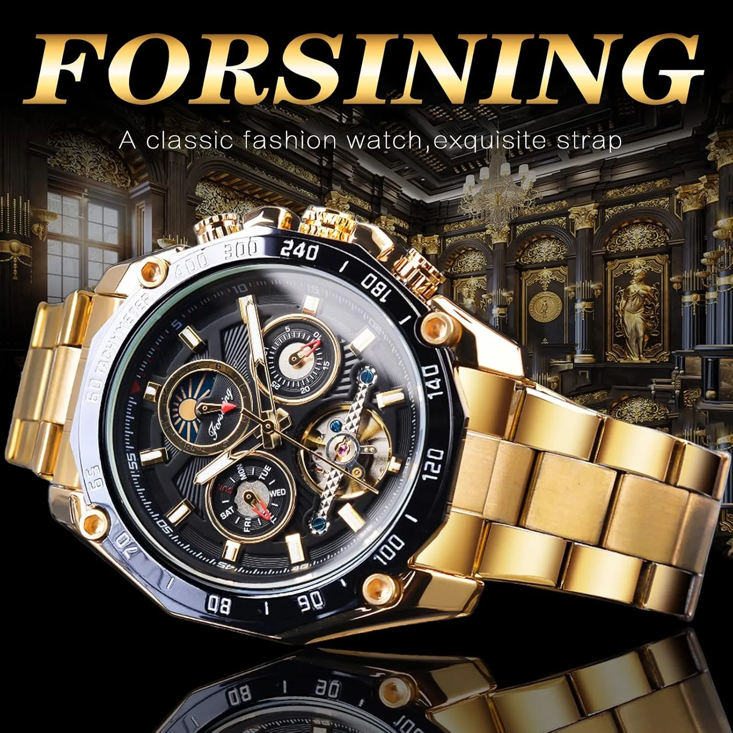 Phase Stainless Steel 44mm Big Black Dial warehouse pillar pangaea chivalry Wrist Watch FORSINING Mens Tourbillon Automatic Mechanical Self-Wind Luxury Moon 