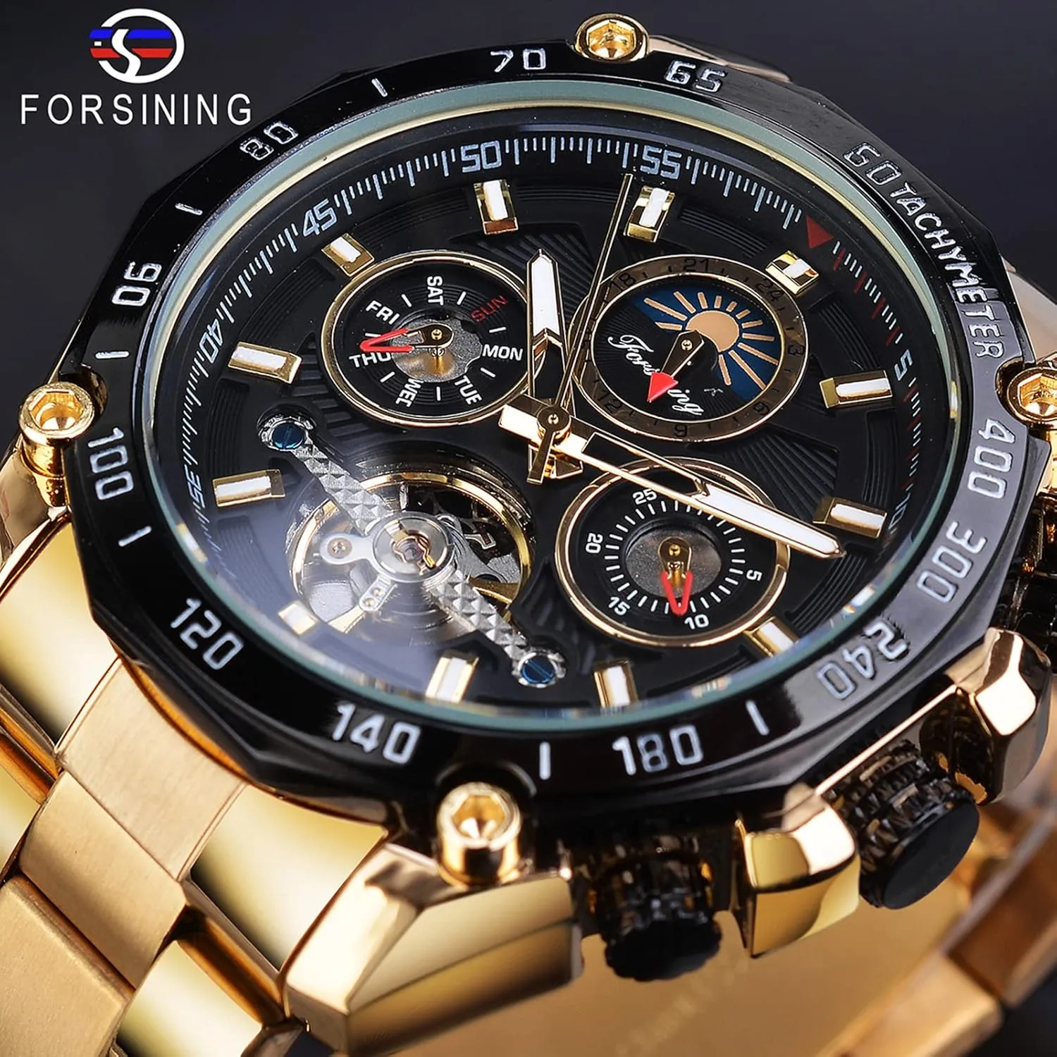 Phase Stainless Steel 44mm Big Black Dial warehouse pillar pangaea chivalry Wrist Watch FORSINING Mens Tourbillon Automatic Mechanical Self-Wind Luxury Moon 