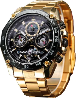 Phase Stainless Steel 44mm Big Black Dial warehouse pillar pangaea chivalry Wrist Watch FORSINING Mens Tourbillon Automatic Mechanical Self-Wind Luxury Moon 