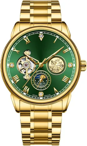 Phase Stainless Steel Tourbillon Wrist Watches for Men BESTKANG Men's Automatic Mechanical Skeleton Watch Luxury Dress disaster trait deform Green Dial Waterproof Self Winding Moon 