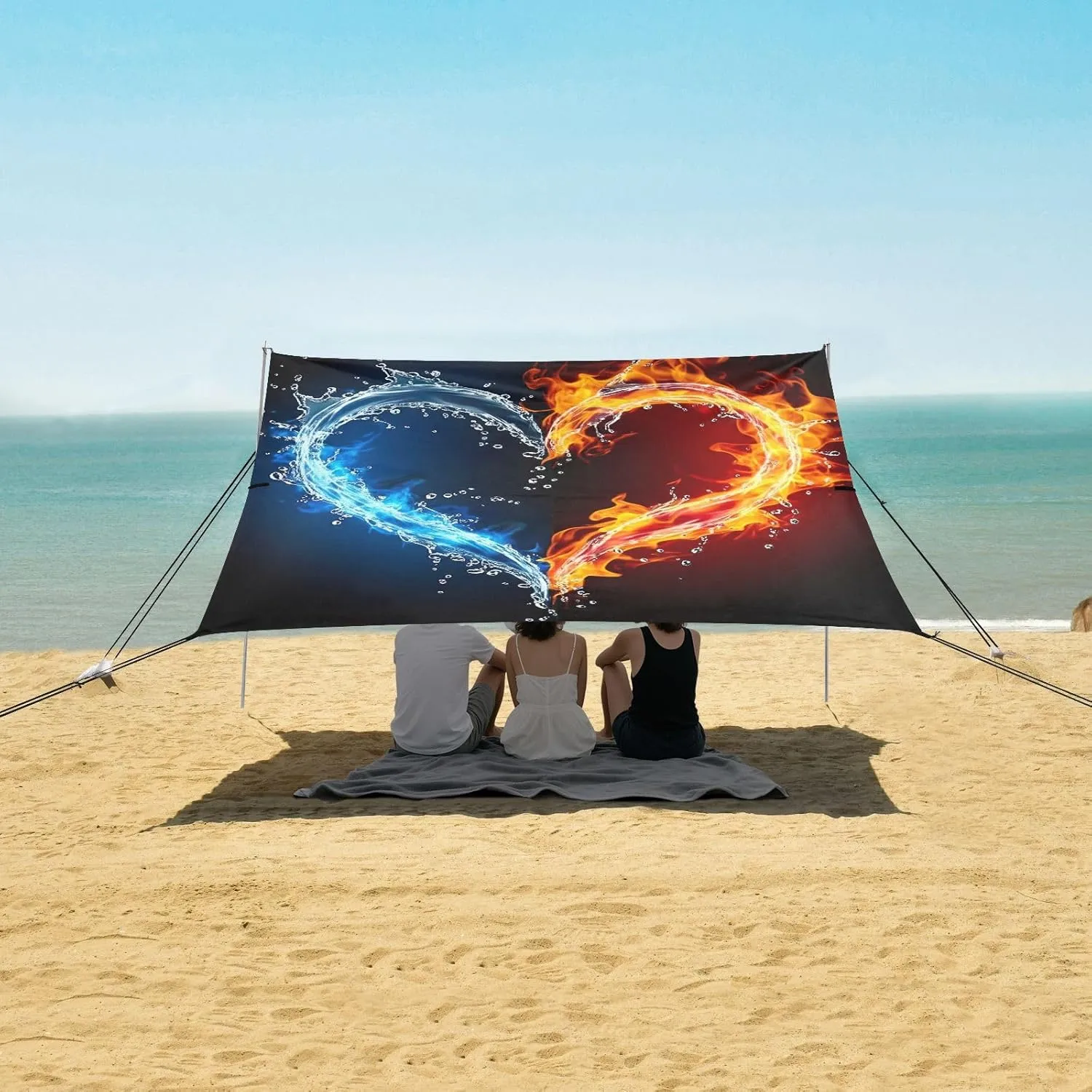 Poles Sand Anchor Canopy Tent Beach Outdoor Patio Sun Shade 9.2 ?? 10.5 FT Aesthetic Portable Camping Shelter Heart Water stunt Fire Black Waterproof with 