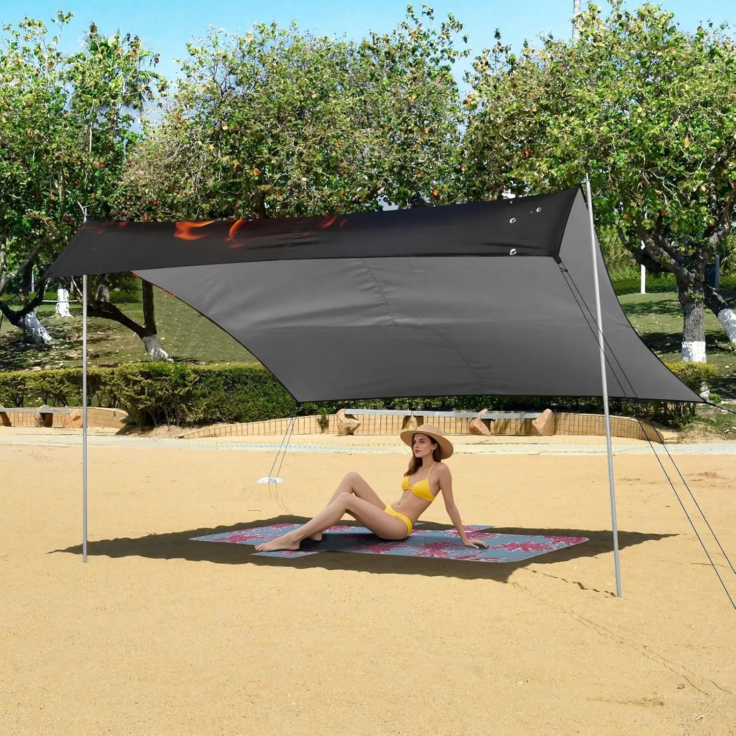 Poles Sand Anchor Canopy Tent Beach Outdoor Patio Sun Shade 9.2 ?? 10.5 FT Aesthetic Portable Camping Shelter Heart Water stunt Fire Black Waterproof with 