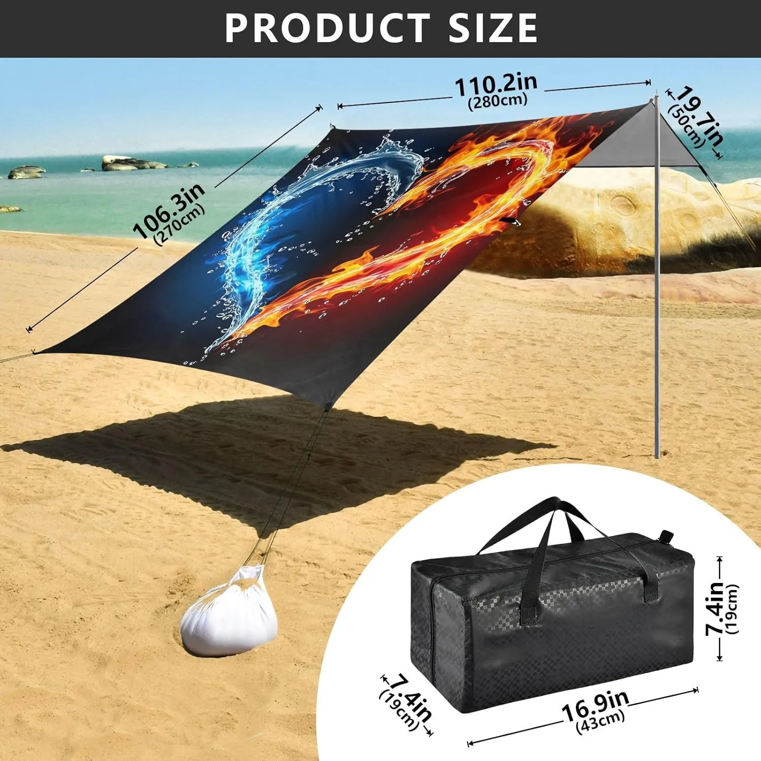 Poles Sand Anchor Canopy Tent Beach Outdoor Patio Sun Shade 9.2 ?? 10.5 FT Aesthetic Portable Camping Shelter Heart Water stunt Fire Black Waterproof with 