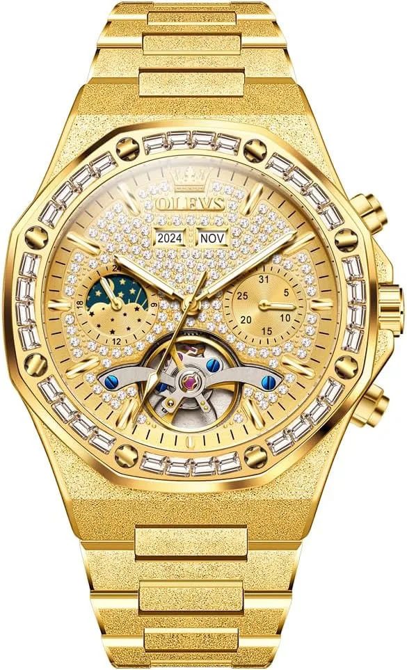 poverty pont Luxury Self-Winding Diamond Gold Stainless Steel Waterproof Mechanical Gift Wrist Watches OLEVS Automatic Men's Watch Skeleton 