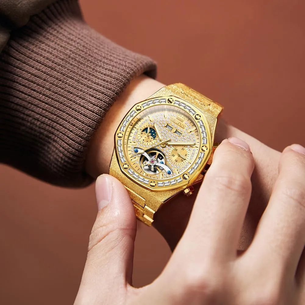 poverty pont Luxury Self-Winding Diamond Gold Stainless Steel Waterproof Mechanical Gift Wrist Watches OLEVS Automatic Men's Watch Skeleton 