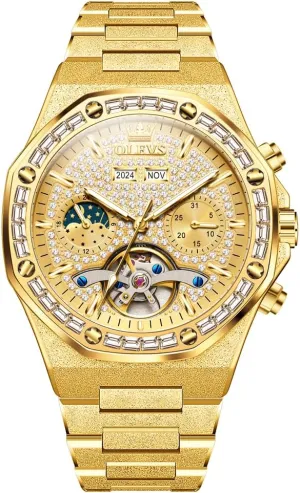 poverty pont Luxury Self-Winding Diamond Gold Stainless Steel Waterproof Mechanical Gift Wrist Watches OLEVS Automatic Men's Watch Skeleton 