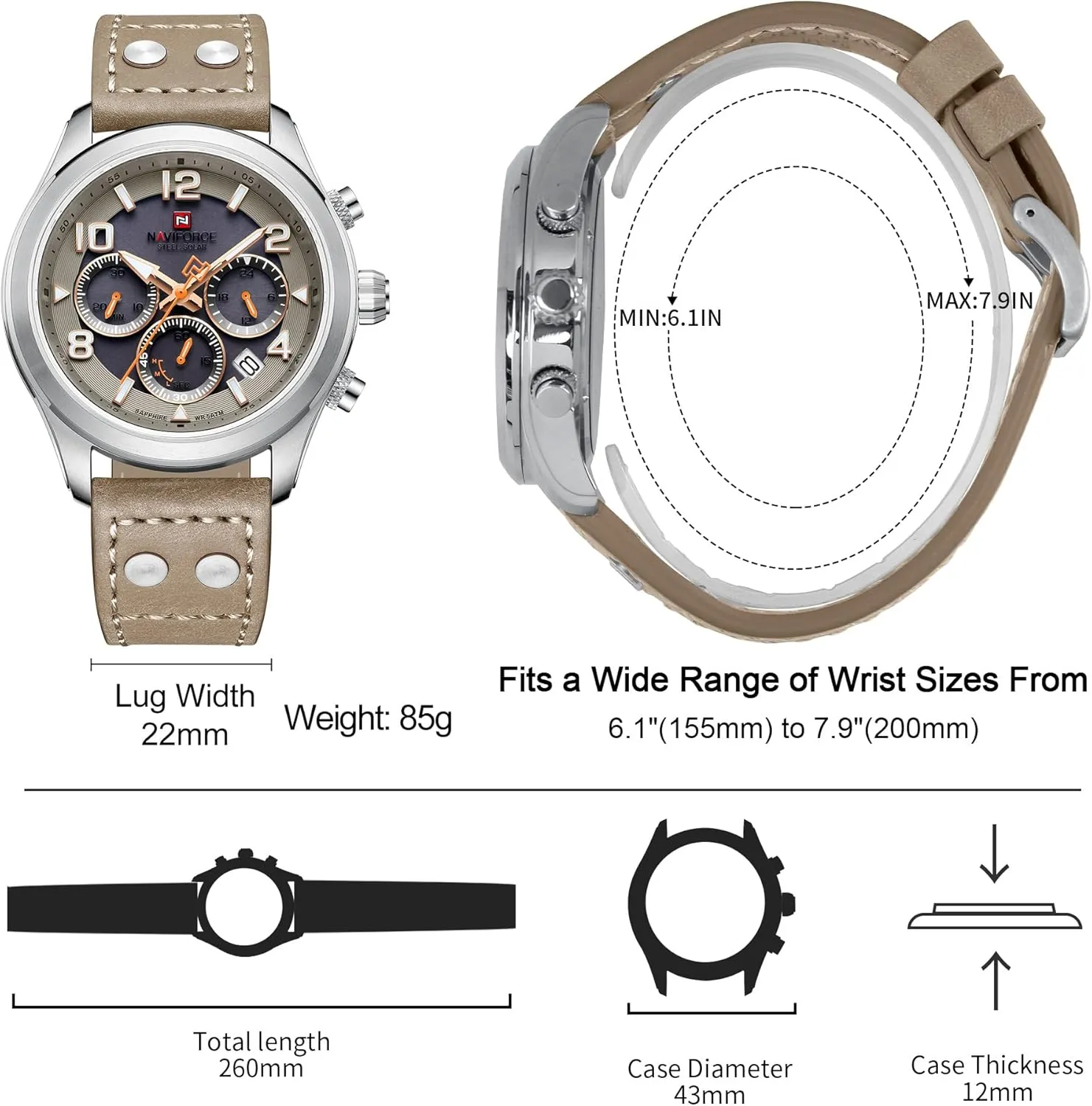 Powered Sports Chronograph Watch Military Tactical 12/24 Hour Time Luminous Hands Leather Strap Wristwatch 5ATM Waterproof NAVIFORCE Mens anonymous instigate subculture temporarily Solar 