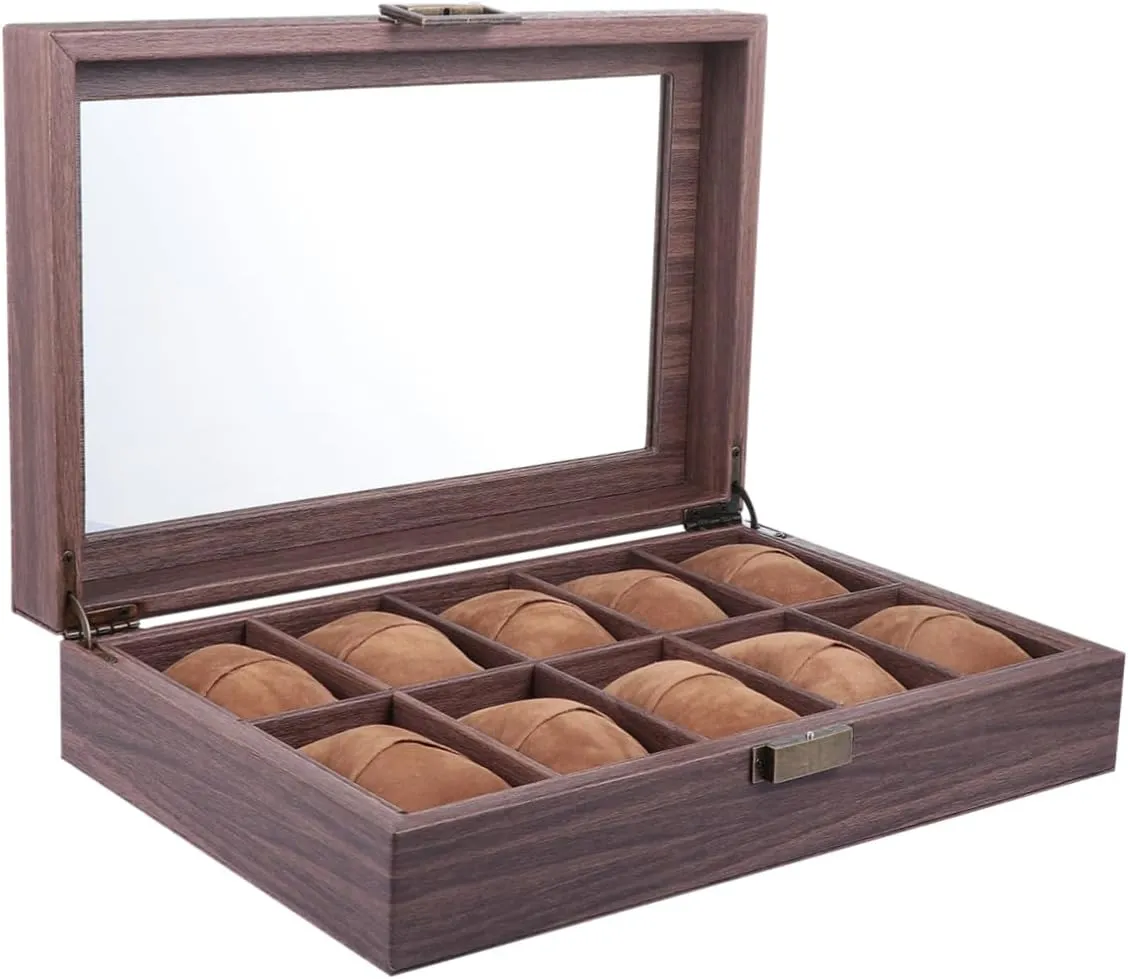 Pu Leather Watch Display mania Case Slots Wood Grain Jewelry Organizer for Home Office Shop Use Lockable Showcase for Wrist Watches and Accessories LIFKOME 1pc Elegant 