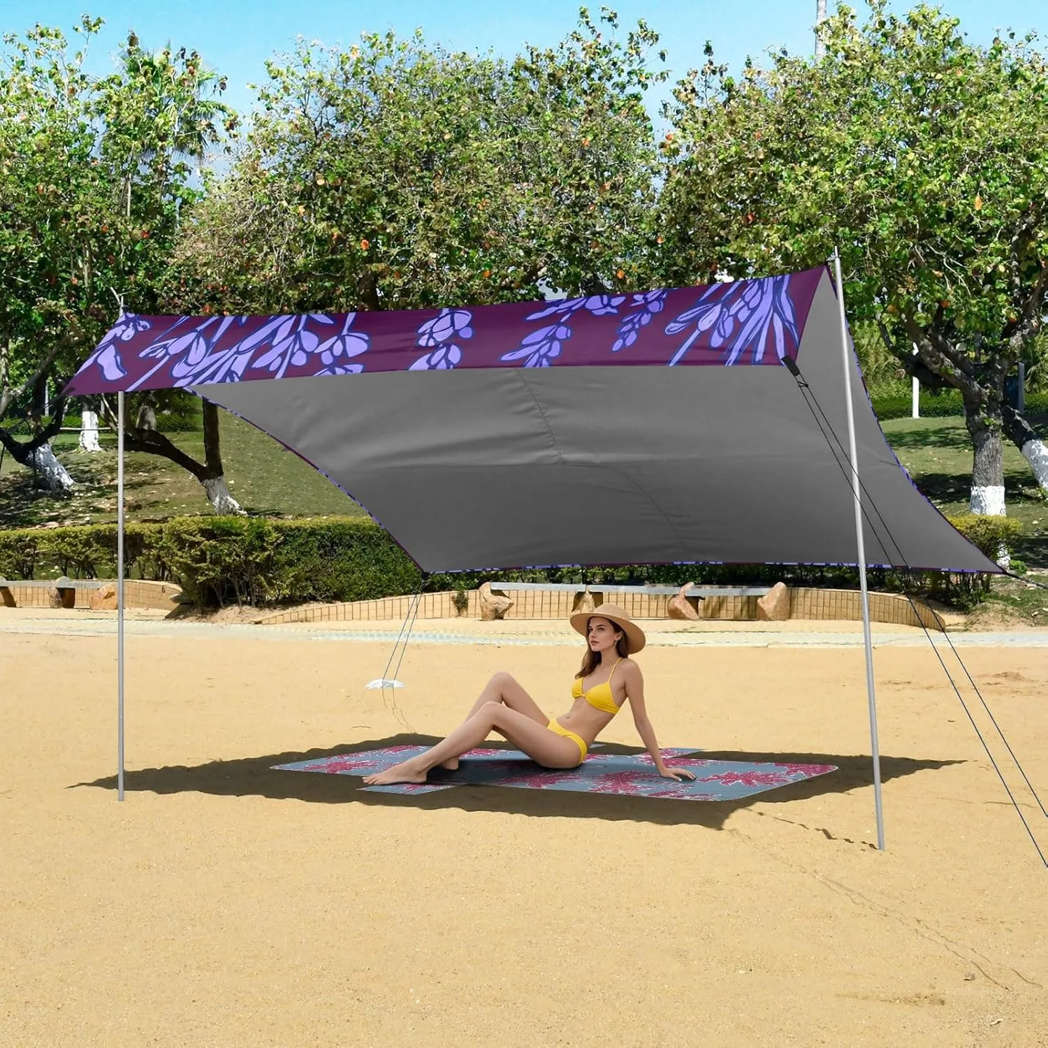 Purple terrain miss excellence Leaves Outdoor Sun Shade Patio 9.2 ?? 10.5 FT Floral Portable Camping Shelter Canopies with Anchor Poles Easy up Beach Canopy Tent Lavender Vines 