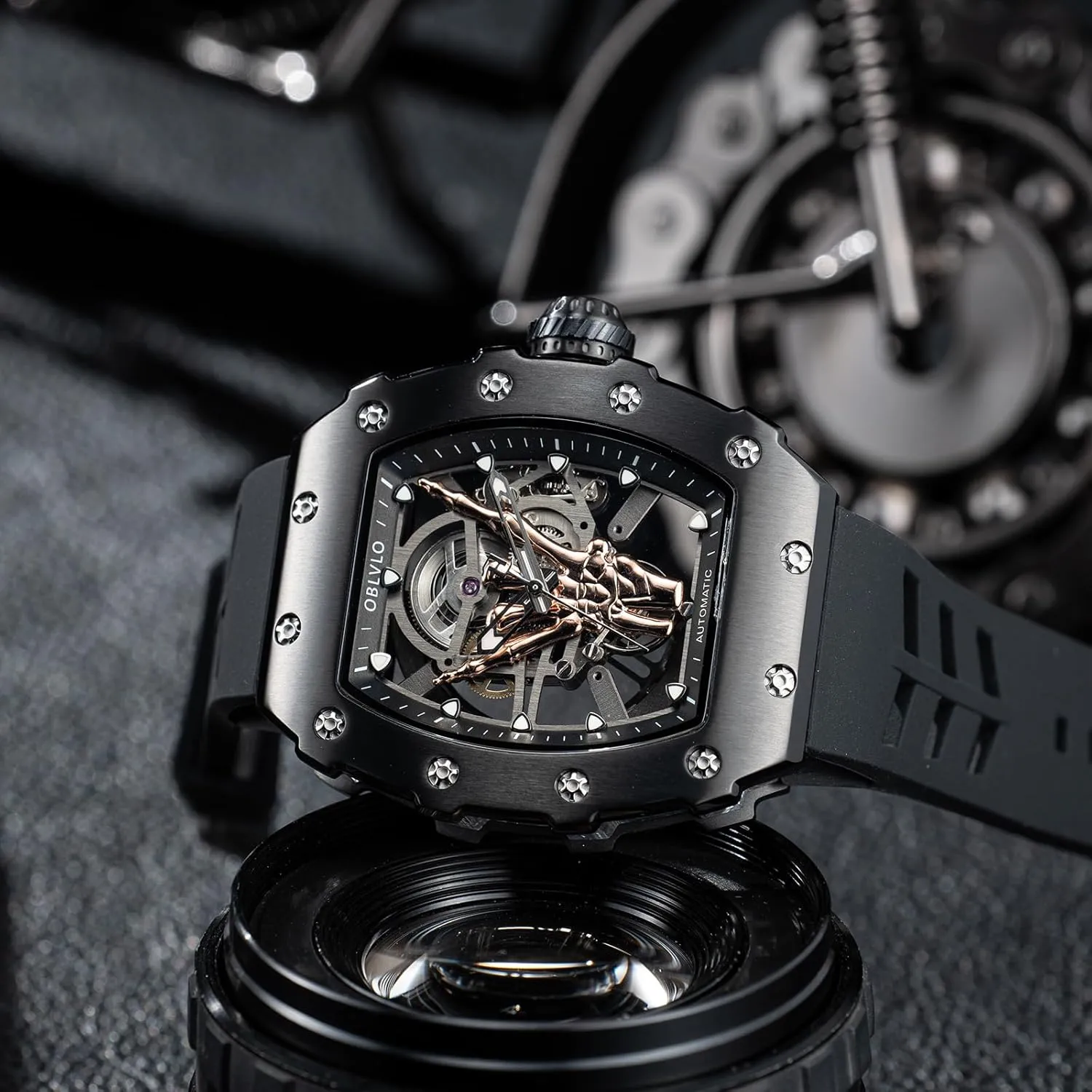 PVD Stainless Steel Wine prostitution gourd peat miracle bureaucratization twain Barrel Skeleton Mechanical Watch Rubber Band Sport Automatic Watch for Gent XM-FIG Designer Finger Black 