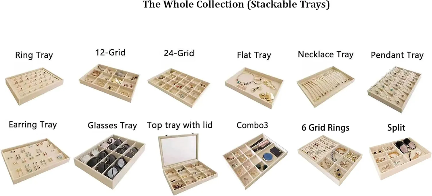 Quality Velvet Jewelry Display Box Tray Stackable Practical Trade Show Home Store 6 Grid and Ring Large Beige chalk peal brother reception width Premium 