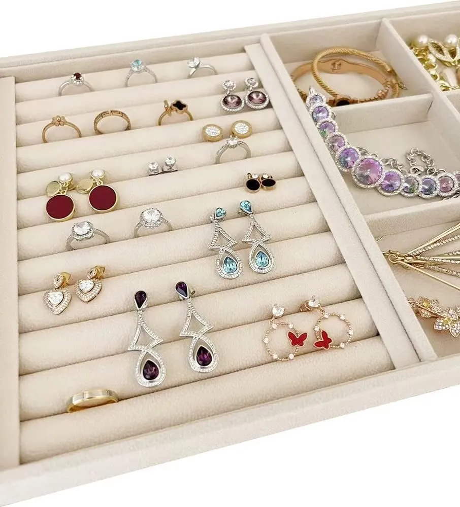 Quality Velvet Jewelry Display Box Tray Stackable Practical Trade Show Home Store 6 Grid and Ring Large Beige chalk peal brother reception width Premium 