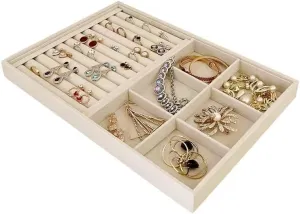 Quality Velvet Jewelry Display Box Tray Stackable Practical Trade Show Home Store 6 Grid and Ring Large Beige chalk peal brother reception width Premium 