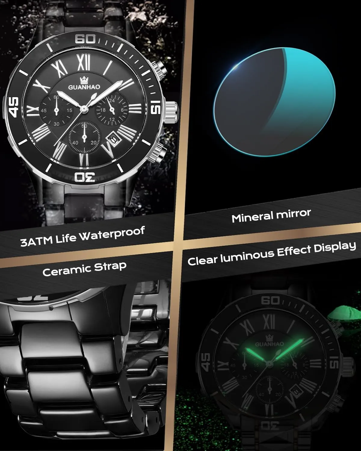 Quartz Calendar Wristwatches for Men, Ceramic Band Watches mushroom preponderance realization for Men Ceramic Men Watches, Black White Dial, Dress 