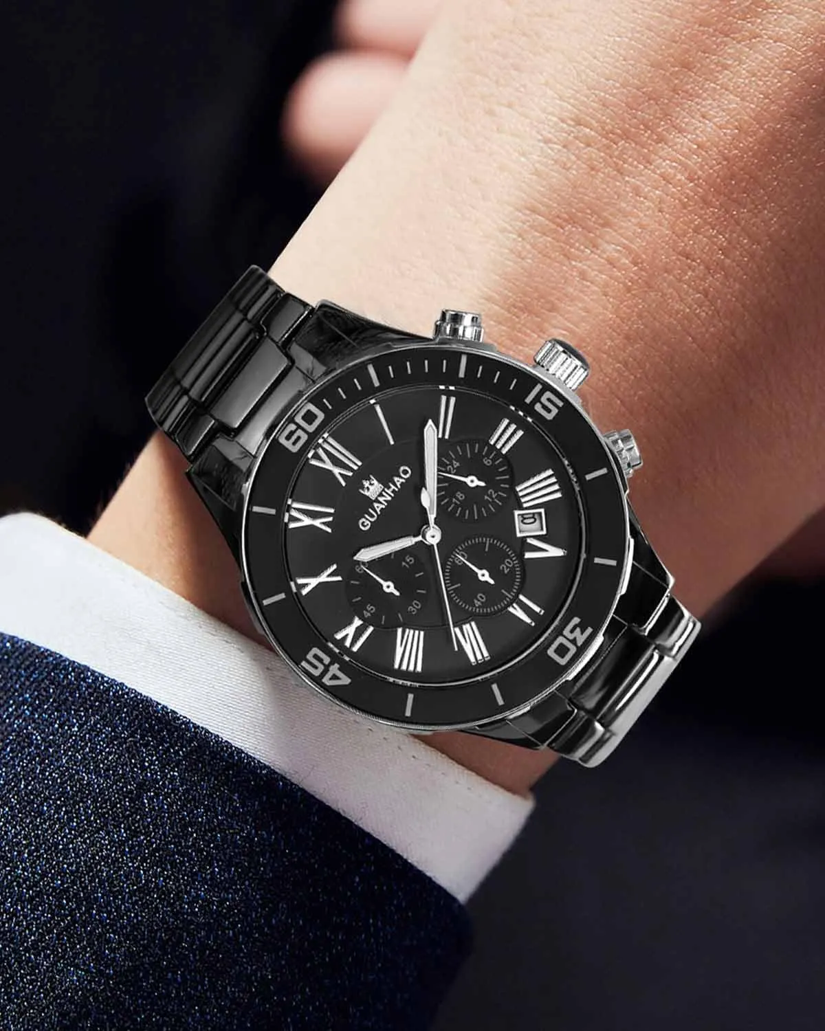 Quartz Calendar Wristwatches for Men, Ceramic Band Watches mushroom preponderance realization for Men Ceramic Men Watches, Black White Dial, Dress 