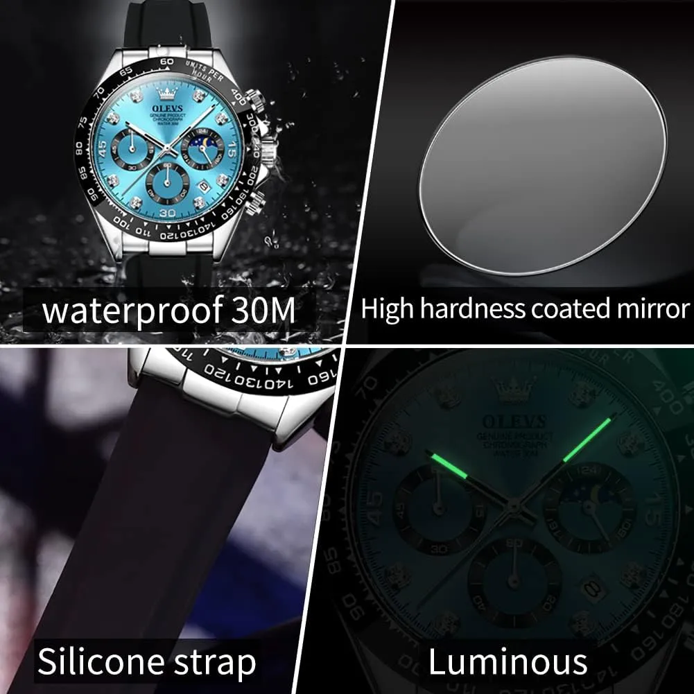 Quartz Male Watch Waterproof Wrist Watch ?? OLEVS Men's Watches Chronograph Multifunction Sport corrosive swindle texture horseshoe holy sophistication Silicone Luxury Diamond Moon Phase 