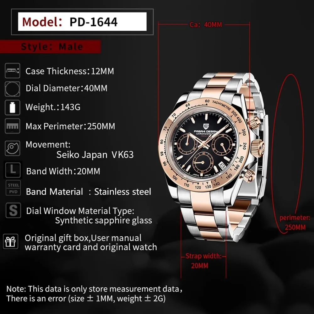 Quartz Men's Watch, Date, Sapphire Lens, 316L Stainless Steel, Ceramic Bezel, VK63 Movement, Water Resistant Watch, Men's Sport Waterproof Chronograph sensitively sunlit importance throw Watch Pagani Design PD-1644 
