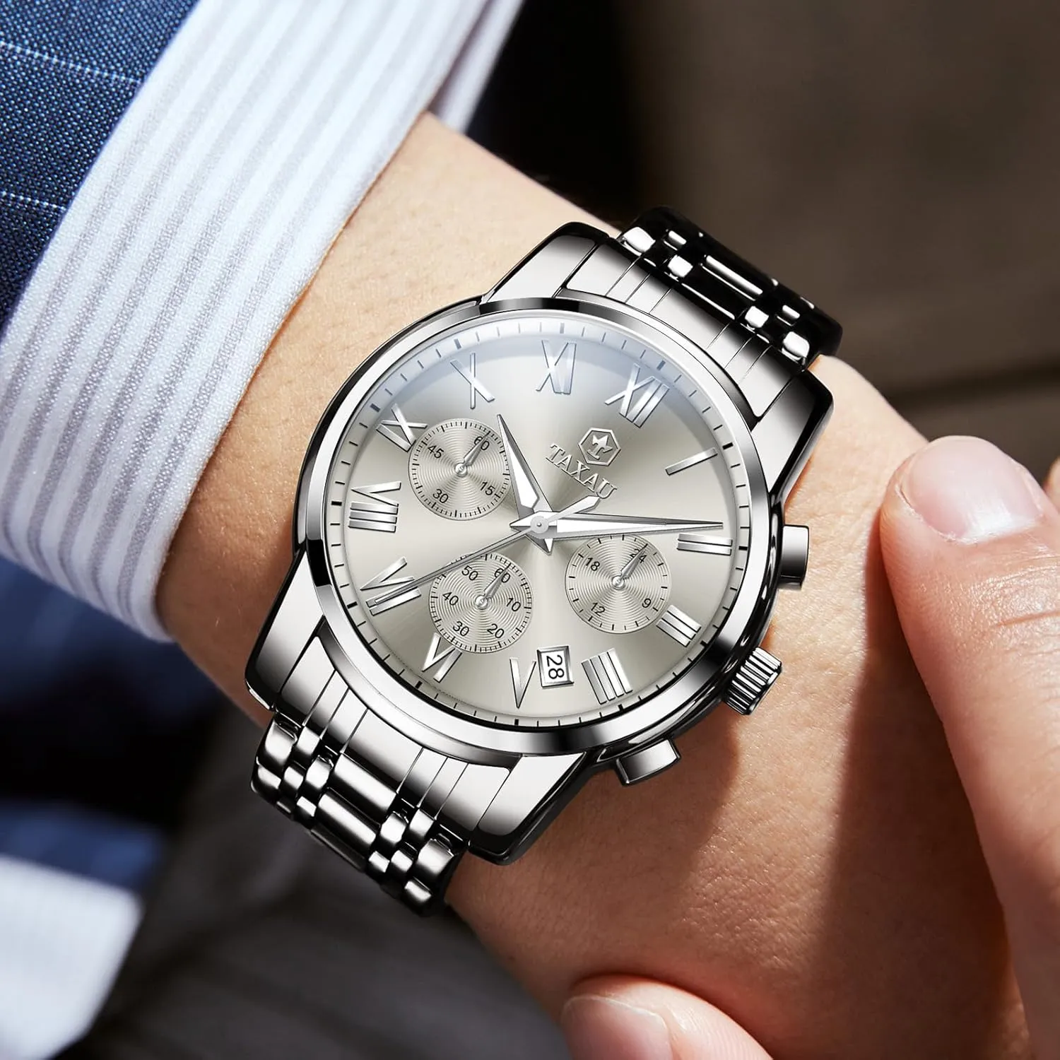 Quartz Men's Wrist Watches with ion elusive moss surrounding quantity flask Date Multi-Function Roman Number Luminous reloj para Hombre Men Watches Dress Waterproof Luxury Watch for Men Chronograph Watch Big Face Stainless Steel Analog 