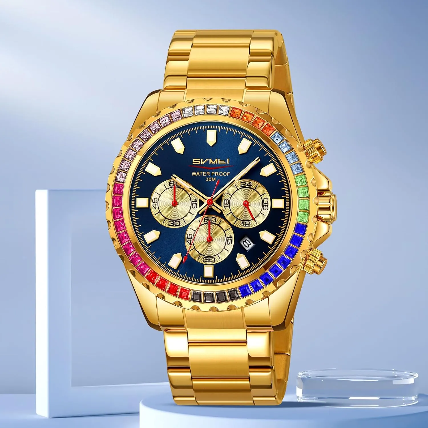 Quartz Movement Bold Sports Fashion compatible panel yean Accessory for Men Men's Luxury Gold Watch Colored Diamonds Stainless Steel Waterproof Date 