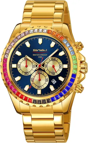 Quartz Movement Bold Sports Fashion compatible panel yean Accessory for Men Men's Luxury Gold Watch Colored Diamonds Stainless Steel Waterproof Date 