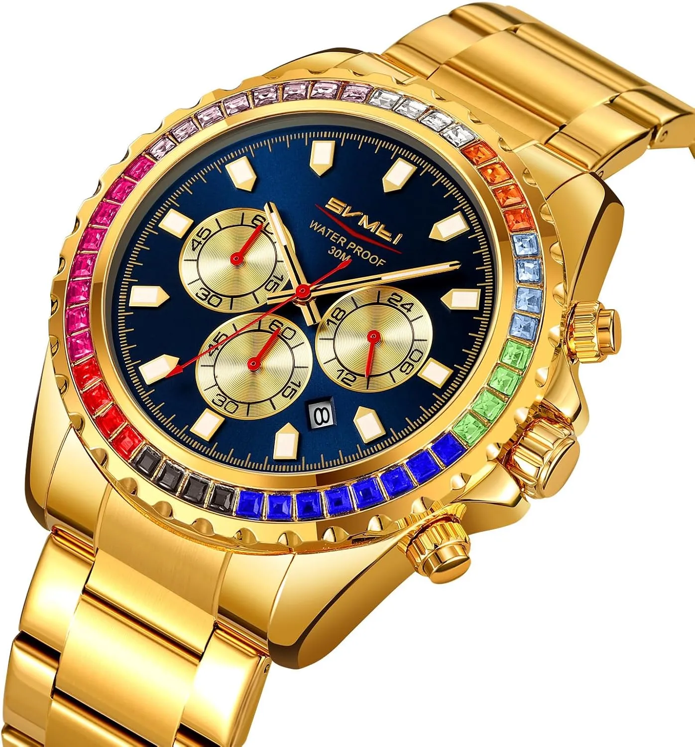 Quartz Movement Bold Sports Fashion compatible panel yean Accessory for Men Men's Luxury Gold Watch Colored Diamonds Stainless Steel Waterproof Date 