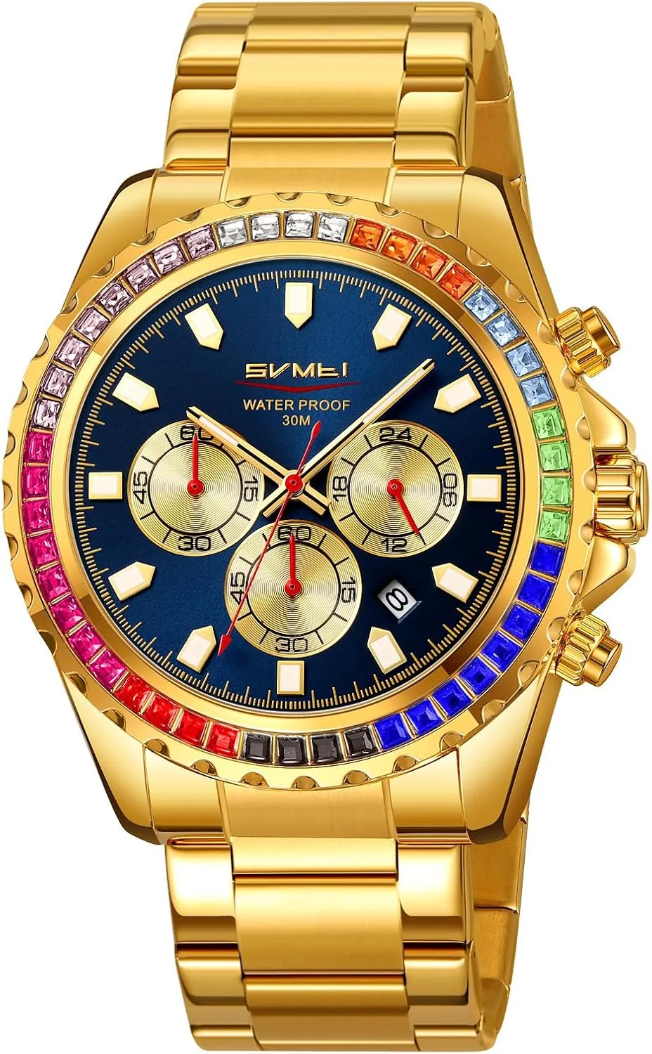 Quartz Movement Bold Sports Fashion compatible panel yean Accessory for Men Men's Luxury Gold Watch Colored Diamonds Stainless Steel Waterproof Date 