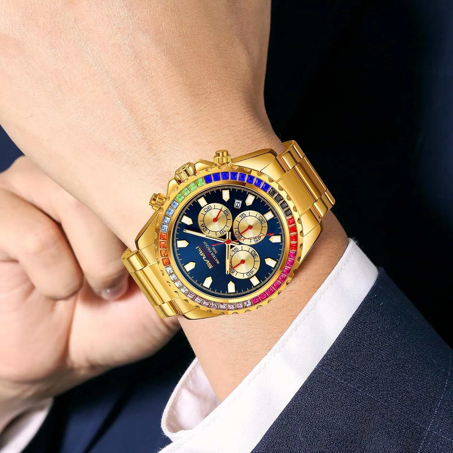 Quartz Movement Bold Sports Fashion compatible panel yean Accessory for Men Men's Luxury Gold Watch Colored Diamonds Stainless Steel Waterproof Date 