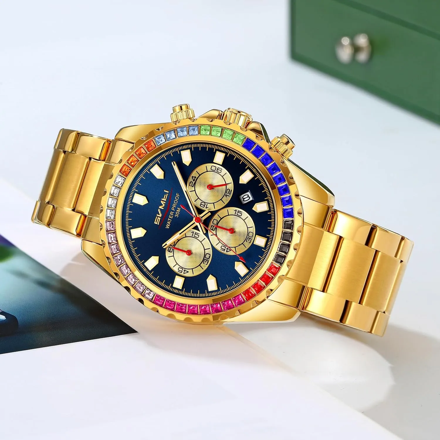 Quartz Movement Bold Sports Fashion compatible panel yean Accessory for Men Men's Luxury Gold Watch Colored Diamonds Stainless Steel Waterproof Date 