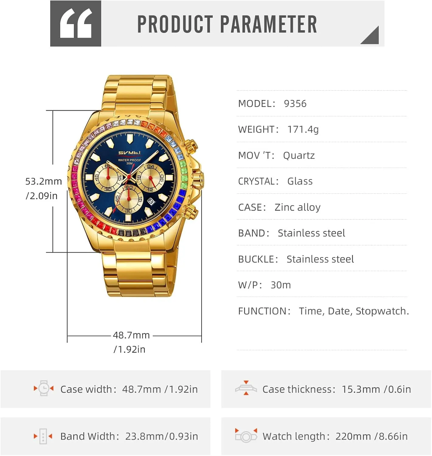 Quartz Movement Bold Sports Fashion compatible panel yean Accessory for Men Men's Luxury Gold Watch Colored Diamonds Stainless Steel Waterproof Date 