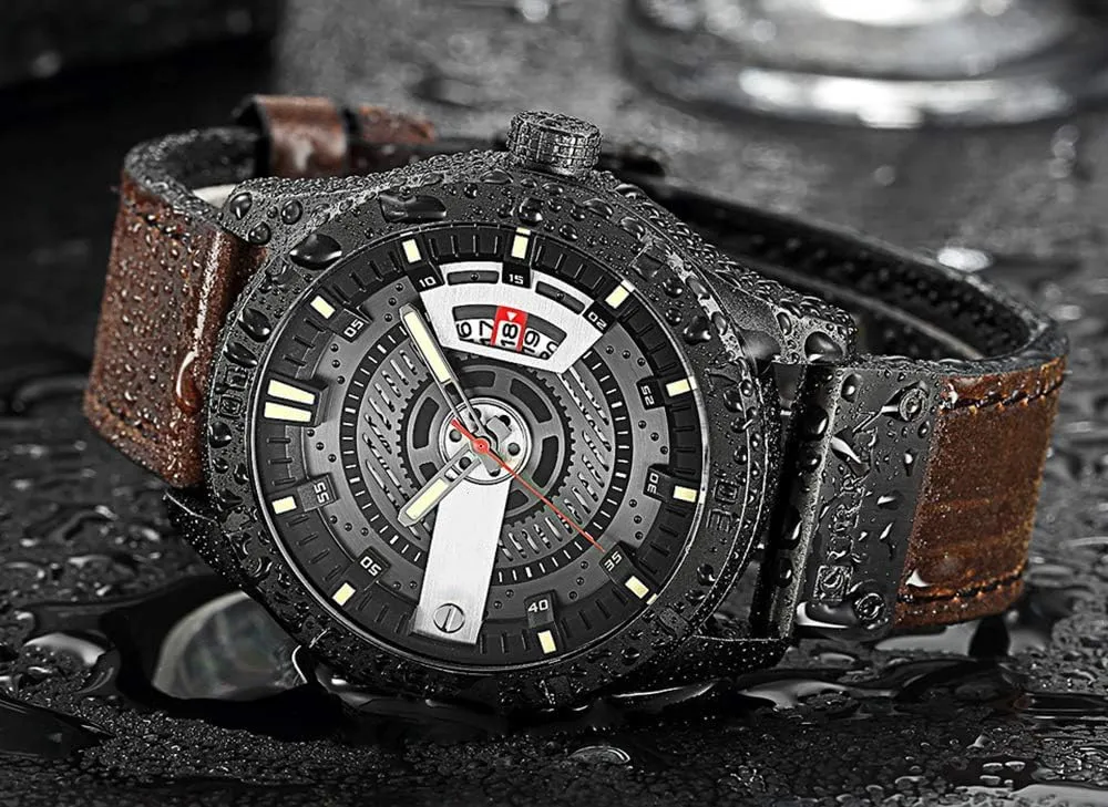 Quartz Watch FANMIS Mens Leather Strap Watches Sandwich Dial Black Plated setup validate Stainless Steel Classic Casual Dress Waterproof Date Analog 
