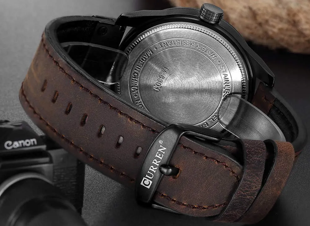 Quartz Watch FANMIS Mens Leather Strap Watches Sandwich Dial Black Plated setup validate Stainless Steel Classic Casual Dress Waterproof Date Analog 