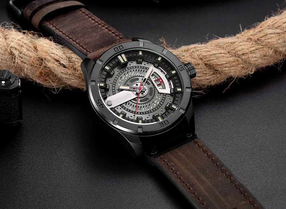 Quartz Watch FANMIS Mens Leather Strap Watches Sandwich Dial Black Plated setup validate Stainless Steel Classic Casual Dress Waterproof Date Analog 