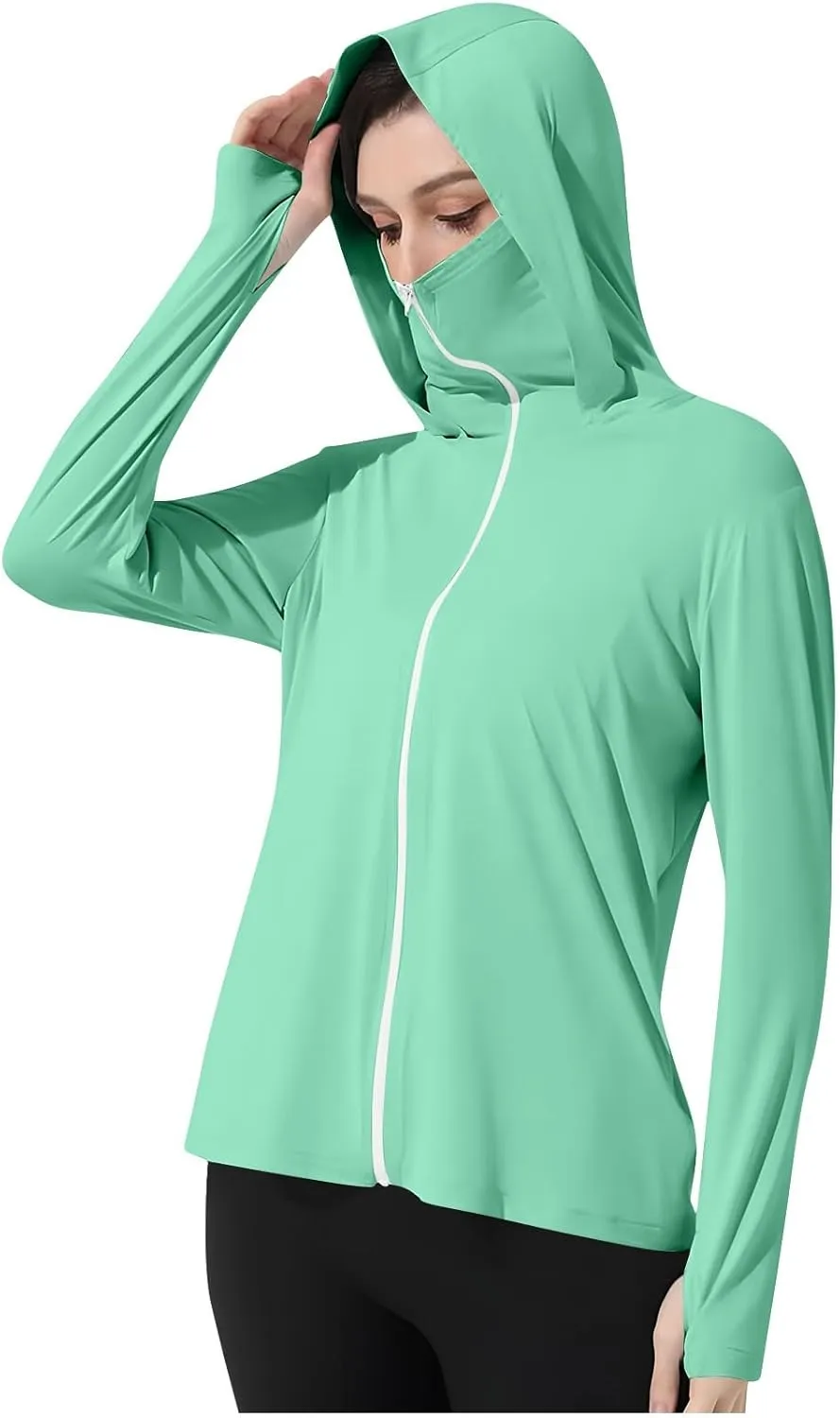 Quick Dry Hoodie Womens UV Protrction Shirts UPF 50  with Mask Long Sleeve Rash Guard breathing Outfit Running Outdoor Swimming 