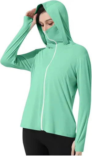 Quick Dry Hoodie Womens UV Protrction Shirts UPF 50  with Mask Long Sleeve Rash Guard breathing Outfit Running Outdoor Swimming 