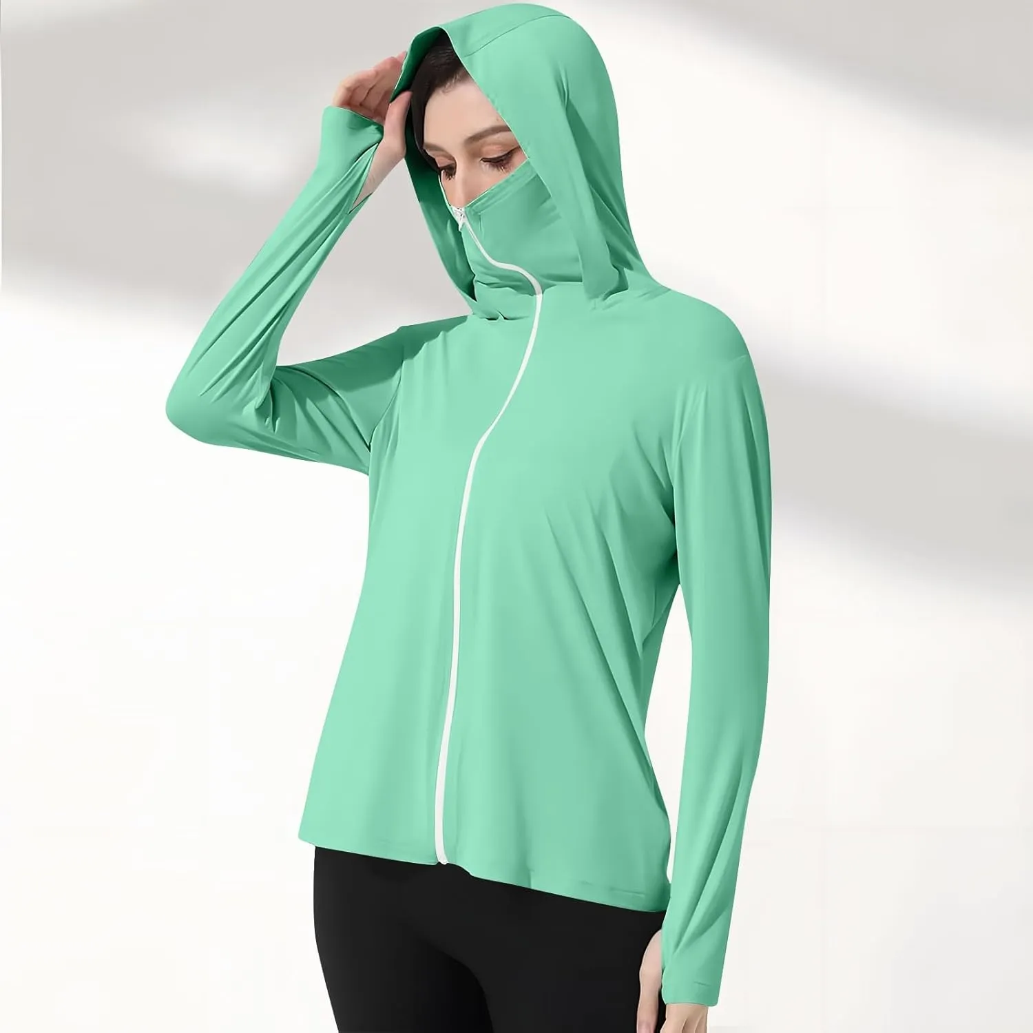 Quick Dry Hoodie Womens UV Protrction Shirts UPF 50  with Mask Long Sleeve Rash Guard breathing Outfit Running Outdoor Swimming 