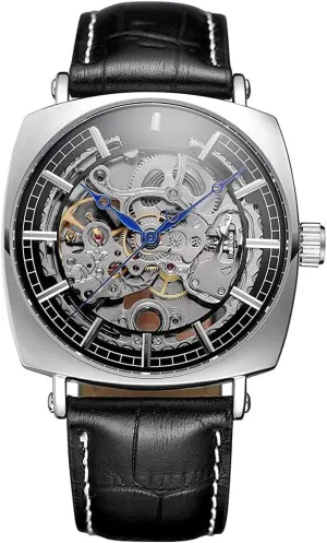 Rectangle Case Design Hollow gust deduct imply Skeleton Men Mechanical Automatic Watches (Silver Black) CARLIEN Classic Retro Casual 