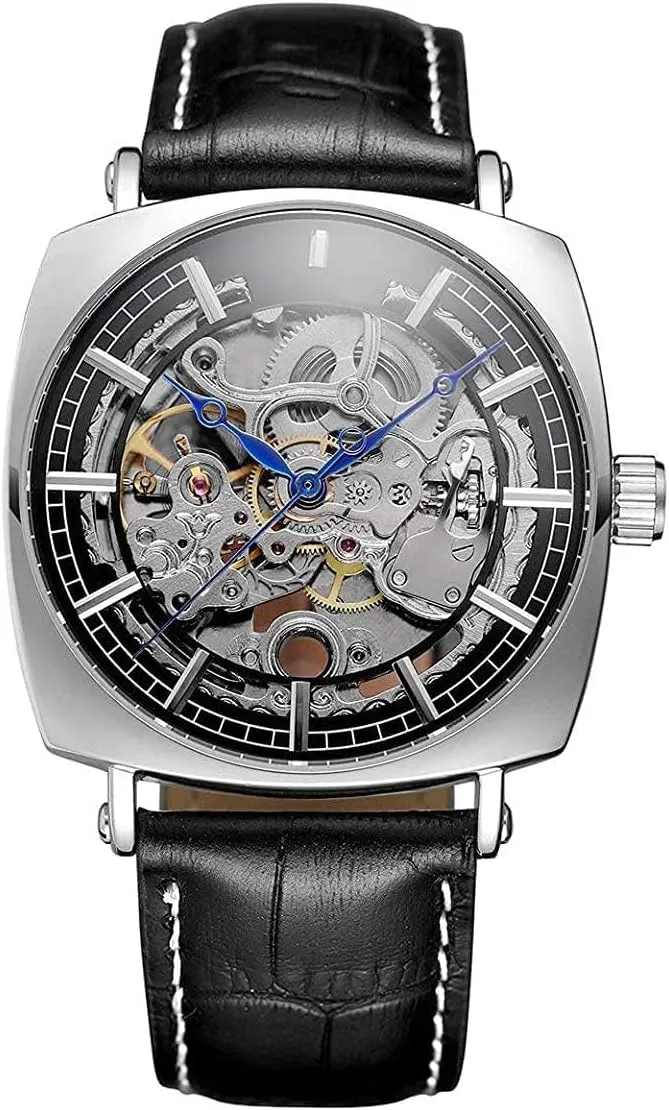 Rectangle Case Design Hollow gust deduct imply Skeleton Men Mechanical Automatic Watches (Silver Black) CARLIEN Classic Retro Casual 
