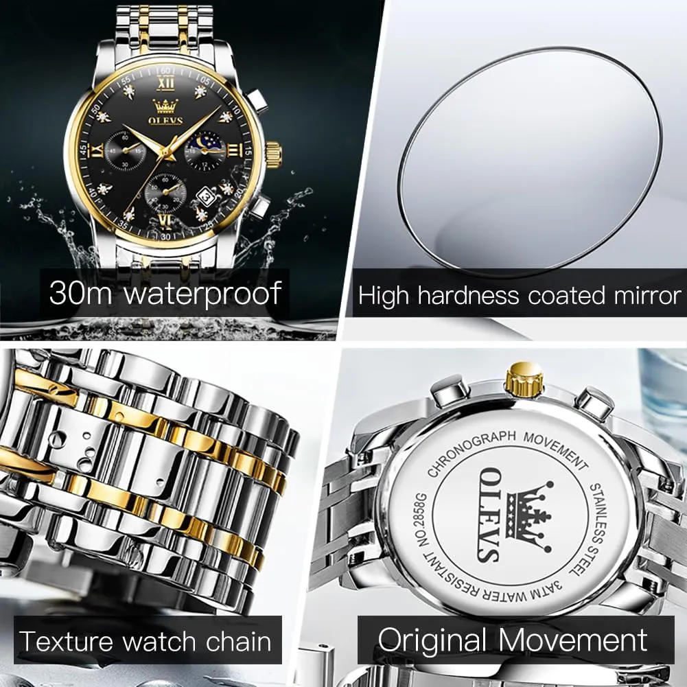 Relojes De Hombre OLEVS Watches trumpet access sleek zebra for Men,Luxury Big Face Mens Watch Stainless Steel Quartz Analog Dress Watches for Men Luminous Multifunction Chronograph Man Watch 