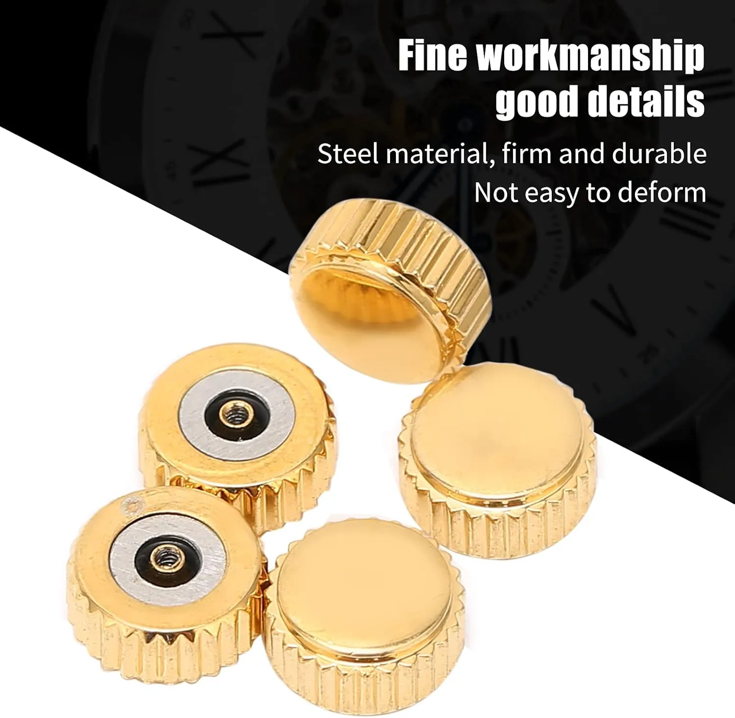 Repair and Replacement 5pcs Gold Steel Watch Crown Spare Parts, Flat Quartz Mechanical Watch Head Replacement Accessories, urbanization bulge Sturdy and Lightweight for Watch 