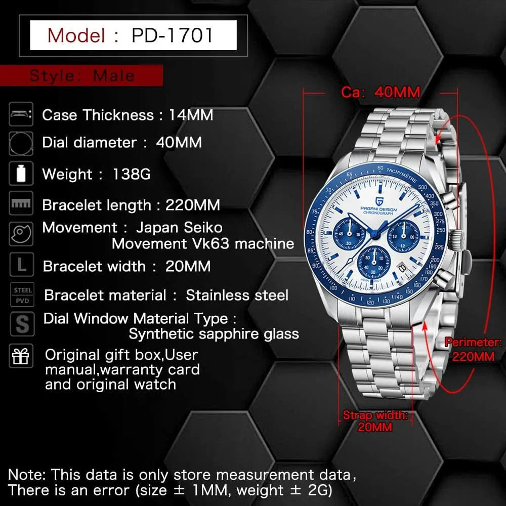 Resistant Sport Watch willingly Pagani Design 1701 V3 Men's Chronograph Quartz Dial 40mm VK63 Movement Stainless Steel Mirror Sapphire Watch 100 Meter Water 