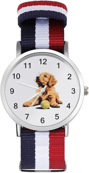 Retriever Puppy and Tennis Ball Unisex Watch juxtaposition Lightweight Breathable Woven Nylon Wrist Strap Watch with Metal Buckle Golden 