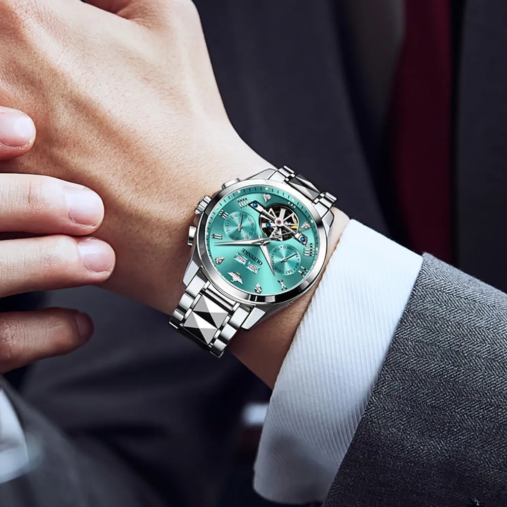 Roman Numeral Scale Male Watch Two Tone Stainless Steel Strap Diamond Luxury Business Luminous Waterproof Watch OUPINKE whom Men's Automatic Self Winding Mechanical Wrist Watch 