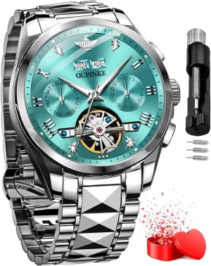 Roman Numeral Scale Male Watch Two Tone Stainless Steel Strap Diamond Luxury Business Luminous Waterproof Watch OUPINKE whom Men's Automatic Self Winding Mechanical Wrist Watch 
